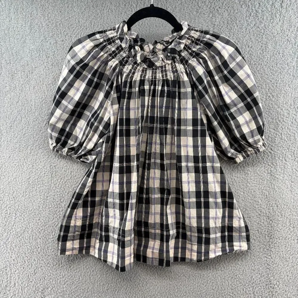 J.Crew Plaid Puff Sleeve Peasant Top Smocked Neck Cotton Blouse Small